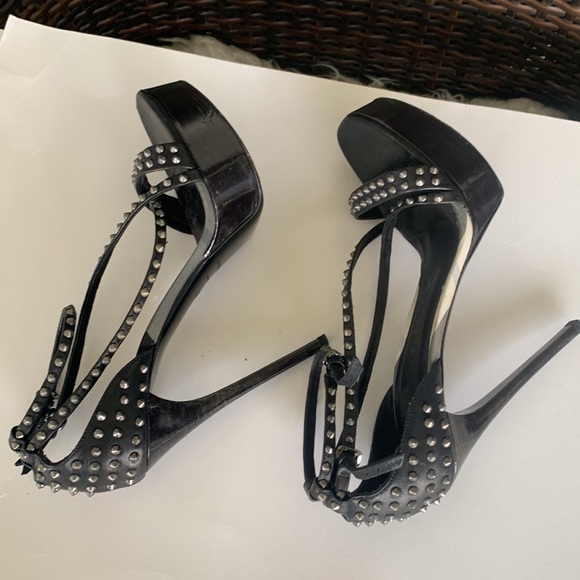 Burberry Woman's Black Open Toe Gunmetal Studded Stiletto Pumps - Picture 11 of 16